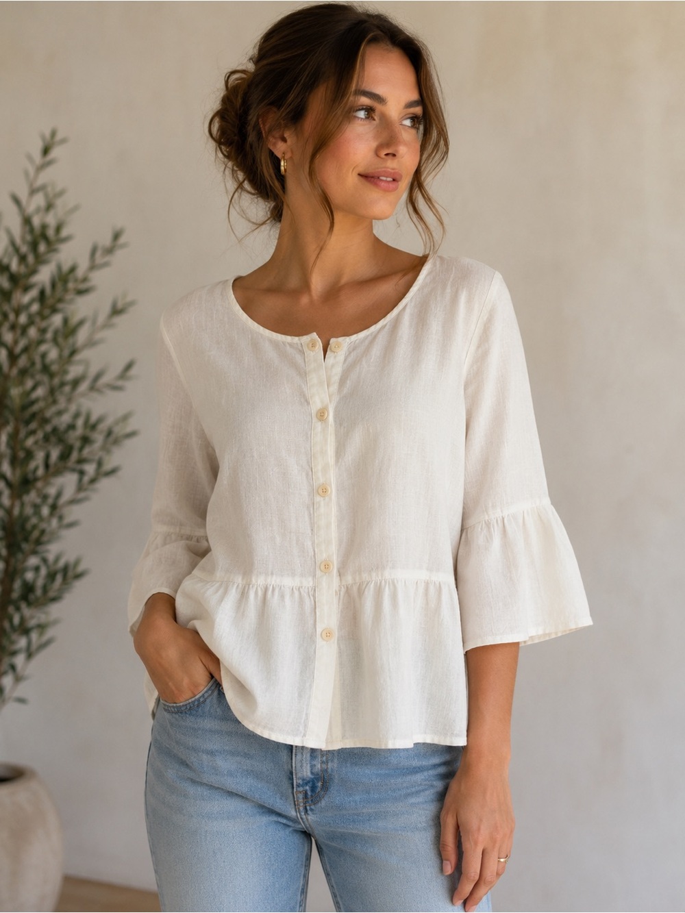 Flax Cream Button-Front Peplum Blouse